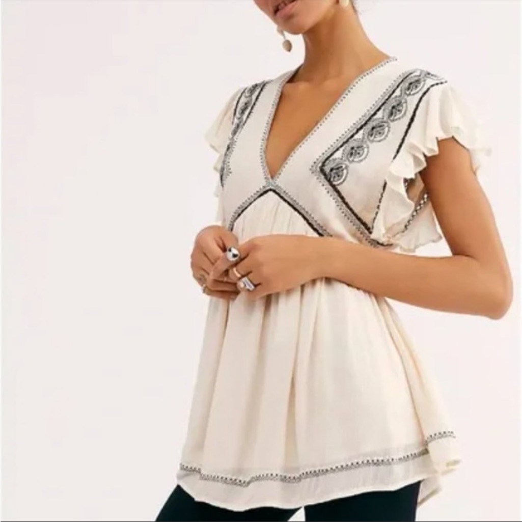 Free People Ivory Tunic Top With Black Details